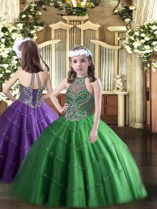 Impresionante sin mangas hasta el suelo con abalorios ata para arriba el vestido del desfile infantil con verde