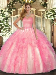 Lindos vestidos de bola dulce 16 vestido de quinceañera rosa rosa de organza sin mangas hasta el suelo con cordones