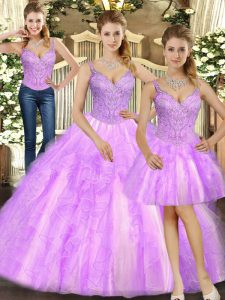 Elegantes correas de organza sin cordones y abalorios 15 vestido de quinceañera lila