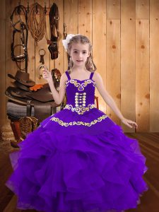 Increíble berenjena púrpura con cordones, tirantes, bordados y volantes niñas vestido de organza sin mangas