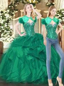 Palabra de longitud vestidos de bola sin mangas verde oscuro 15 vestido de quinceañera con cordones