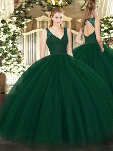 Popular longitud del piso vestidos de bola sin mangas verde oscuro 15 cumpleaños vestido de cremallera