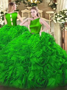 Fabulosos vestidos de bola verde, cinturón, vestidos de quinceañera, tela de asas de broche con flores onduladas, longitud del piso sin mangas