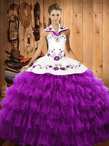 Berenjena púrpura vestidos de fiesta sin mangas sin mangas hasta el suelo con cordones bordados y capas con volantes vestido de fiesta vestido de fiesta