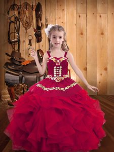 vestidos de bola niña vestido de desfile correas rojas organza sin mangas hasta el suelo longitud de encaje