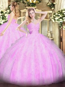 Longitud del piso de organza sin cordones dulce 16 vestido de quinceañera en color lila con abalorios y volantes