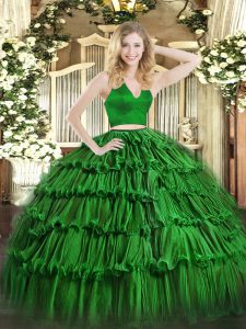 Superior verde dos piezas halter organza sin mangas con volantes capas longitud del piso cremallera vestidos de quinceañera