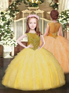 Cremallera dorada personalizada niña desfile vestidos abalorios y volantes longitud del piso sin mangas