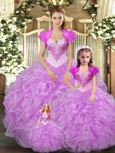 Rebordear de lujo y volantes dulce 16 vestido de quinceañera lila con cordones hasta el suelo sin mangas