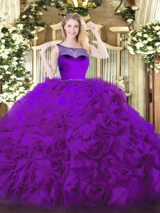 Venta caliente berenjena tela púrpura con flores onduladas con cremallera vestidos de quinceañera longitud del piso sin mangas abalorios