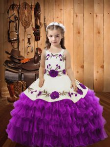 Berenjena púrpura vestidos de bola correas sin mangas de organza con cordones encaje niñas vestido del desfile