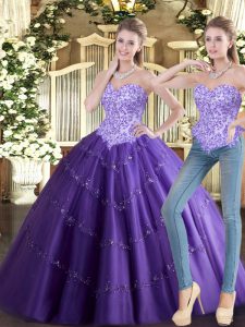 Rebordear vestidos de quinceañera púrpura con cordones hasta el suelo sin mangas