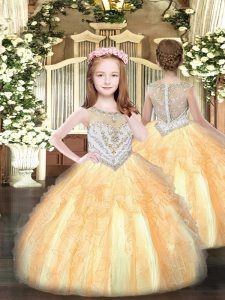 Elegantes vestidos dorados para desfile vestidos de fiesta y quinceañera con abalorios y volantes sin mangas con cremallera