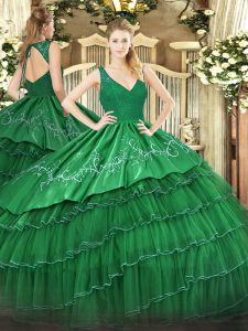 Vestido de quinceañera verde dulce 16 y quinceañera con abalorios y bordados y capas con volantes cremallera sin mangas con cuello en v