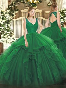 Piso largo verde oscuro dulce 16 vestido de organza sin mangas y encaje y volantes