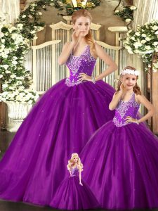 piso de longitud púrpura 15 vestido de quinceañera tul sin mangas abalorios