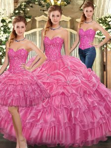 Sexy vestidos de bola dulce 16 vestido de quinceañera rosa rosa novia de organza sin mangas hasta el suelo con cordones