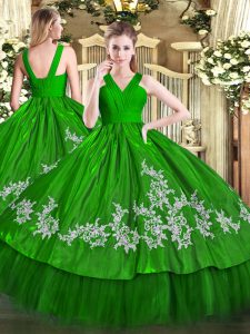 Ideal sin mangas de satén y longitud del piso con cremallera vestidos de bola de membrillo en verde con bordado