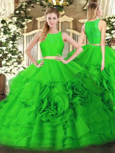 Verde dos piezas sin mangas de longitud del piso cremallera volantes dulce 16 vestido de quinceañera