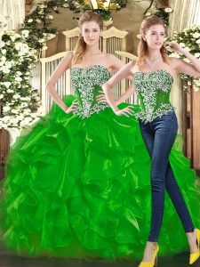 Delicada organza verde con cordones vestido de fiesta vestido de fiesta sin mangas hasta el suelo abalorios y volantes