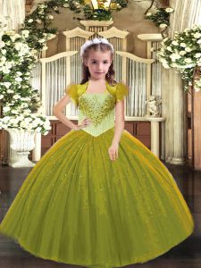Bonitos vestidos de bola de color verde oliva correas sin mangas de hasta el suelo con cordones que rebordean el vestido del desfile de los niños