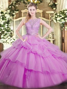 Encaje y capas rizadas dulce 16 vestidos lila sin espalda longitud del piso sin mangas