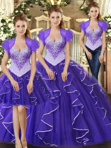 Palabra de longitud vestido de fiesta púrpura vestido de fiesta tul sin mangas abalorios y volantes