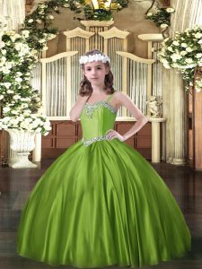 Deslumbrantes correas de satén sin mangas con cordones abalorios vestidos de desfile para niñas en verde oliva