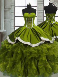 Adorables vestidos de bola de color verde oliva con cuentas y volantes dulces 16 vestidos con cordones de organza sin mangas hasta el suelo