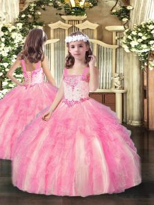 Longitud del piso con cordones vestido de desfile de niñas al por mayor rosa rosa para fiesta y quinceañera con cuentas y volantes