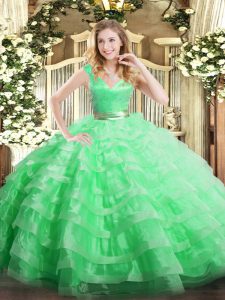 Bajo precio manzana verde organza con cremallera quinceañera vestido sin mangas piso longitud volantes capas