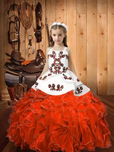 A la moda, organza roja y naranja con cordones vestido de desfile de niñas pequeñas sin mangas hasta el suelo bordado y volantes