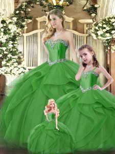 Bonitos vestidos de bola verdes de organza sin mangas con volantes hasta el suelo con cordones hasta dulce 16 vestido de quinceañera