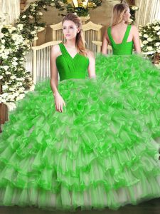 Precioso vestido de bola verde con cuello alto en el suelo con cierre de cremallera capas con volantes 15 vestido de quinceañera