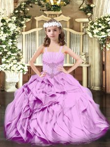 Excelente organza lila con cordones vestido de desfile de niñas pequeñas sin mangas hasta el suelo con cuentas y volantes