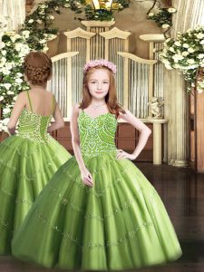 Encantador de bola verde oliva correas sin mangas hasta el suelo con cordones hasta abalorios vestido del desfile infantil