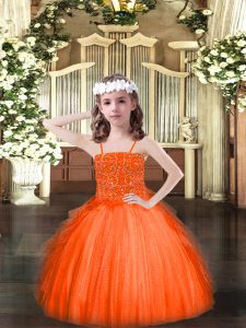 Encantador vestido de tul sin mangas hasta el suelo con cordones vestido de desfile de niñas al por mayor en rojo naranja con abalorios y volantes