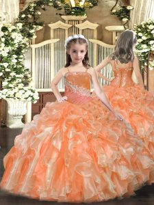 Vestidos de fiesta naranja con cuentas y lentejuelas vestido de desfile de niña encaje hasta organza longitud del piso sin mangas