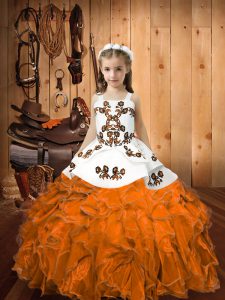 Organza de color naranja con cordones niña vestidos de desfile sin mangas hasta el suelo bordados y volantes