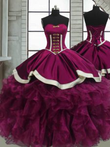 Vestidos de gala de diseñador vestidos de quinceañera fucsia de novia de organza sin mangas hasta el suelo con cordones
