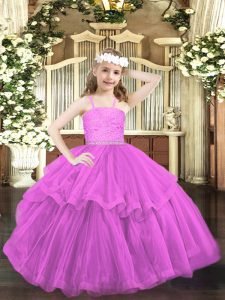 Vestidos de fiesta de color lila correas sin mangas longitud del piso de organza cremallera abalorios y encaje vestidos de niña pequeña