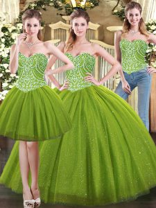 Vestidos de bola dulce 16 vestido de quinceañera verde oliva cariño tul longitud del piso sin mangas con cordones