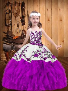 Palabra de longitud vestidos de bola sin mangas púrpura niña desfile vestidos ata para arriba