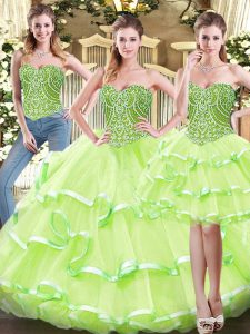 Elegante tres piezas dulce 16 vestido de quinceañera amarillo verde cariño organza longitud del piso sin mangas con cordones