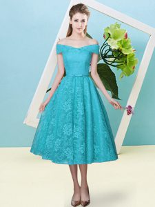 La longitud del té de moda verde azulado vestidos de damas fuera de la tapa del hombro mangas ata para arriba