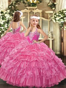 Rosa rosa vestidos de bola organza con cuello y sin mangas abalorios y capas con volantes y reconocidos hasta el suelo con cordones vestidos de niña pequeña de desfile