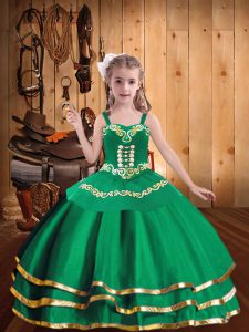 Adorable organza verde con cordones niña vestidos de desfile sin mangas hasta el suelo bordado y capas con volantes