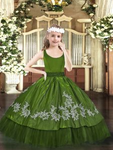 Longitud del piso sin mangas verde oliva abalorios y apliques cremallera niñas vestido del desfile al por mayor