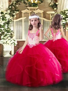 Excelente vestido rosa con cordones vestido de desfile de niñas pequeñas y volantes sin mangas hasta el suelo
