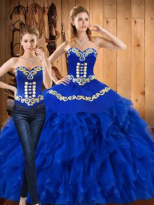 Nuevo estilo de novia azul con cordones bordados y volantes de quinceañera vestidos sin mangas